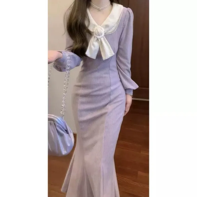 Winter Clothing In French - Purple Dress French Gentle Style Elegant